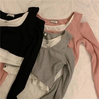 Cute Sexy 2pcs Off Shoulder Hollow Out Crop Top Long Sleeve T-shirt Vintage Punk Goth Aesthetic Casual Summer E-Girl Kawaii Korean Japanese Harajuku - Thumbnail 8