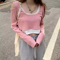 Cute Sexy 2pcs Off Shoulder Hollow Out Crop Top Long Sleeve T-shirt Vintage Punk Goth Aesthetic Casual Summer E-Girl Kawaii Korean Japanese Harajuku - Thumbnail 1