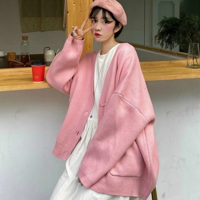 Cute baby pink v neck chic loose oversized knit cardigan long sleeve sweater jumper aesthetic casual summer e-girl kawaii korean japanese harajuku - Thumbnail 4
