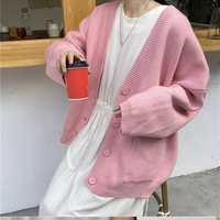 Cute Baby Pink V Neck Chic Loose Oversized Knit Cardigan Long Sleeve Sweater Jumper Aesthetic Casual Summer E-Girl Kawaii Korean Japanese Harajuku - Thumbnail 1