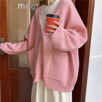 Cute Baby Pink V Neck Chic Loose Oversized Knit Cardigan Long Sleeve Sweater Jumper Aesthetic Casual Summer E-Girl Kawaii Korean Japanese Harajuku - Thumbnail 2