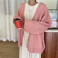 Cute Baby Pink V Neck Chic Loose Oversized Knit Cardigan Long Sleeve Sweater Jumper Aesthetic Casual Summer E-Girl Kawaii Korean Japanese Harajuku - Thumbnail 3
