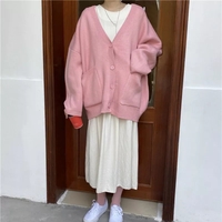 Cute Baby Pink V Neck Chic Loose Oversized Knit Cardigan Long Sleeve Sweater Jumper Aesthetic Casual Summer E-Girl Kawaii Korean Japanese Harajuku - Thumbnail 5