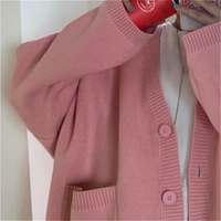 Cute Baby Pink V Neck Chic Loose Oversized Knit Cardigan Long Sleeve Sweater Jumper Aesthetic Casual Summer E-Girl Kawaii Korean Japanese Harajuku - Thumbnail 6