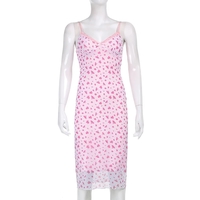 Cute Sexy Pink Floral Long Boho Dress Sleeveless V Neck Lace Trim Bodycon Party Club Beach Summer Vintage Casual E-girl Kawaii Korean - Thumbnail 6