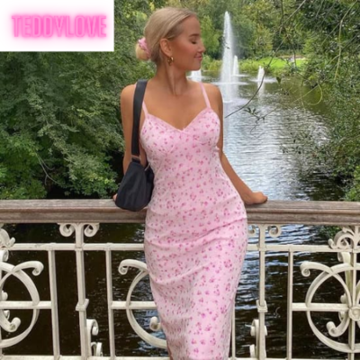 Cute sexy pink floral long boho dress sleeveless v neck lace trim bodycon party club beach summer vintage casual e-girl kawaii korean - Thumbnail 4