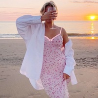 Cute Sexy Pink Floral Long Boho Dress Sleeveless V Neck Lace Trim Bodycon Party Club Beach Summer Vintage Casual E-girl Kawaii Korean - Thumbnail 1
