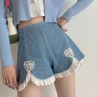 Cute Sweet Heart Lace Cut Out Denim Blue Shorts High Waist Bottoms Vintage Aesthetic Casual Summer E-Girl Kawaii Korean Japanese Harajuku - Thumbnail 1