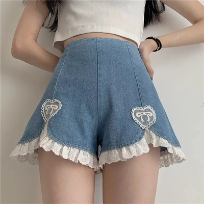 Cute Sweet Heart Lace Cut Out Denim Blue Shorts High Waist Bottoms Vintage Aesthetic Casual Summer E-Girl Kawaii Korean Japanese Harajuku