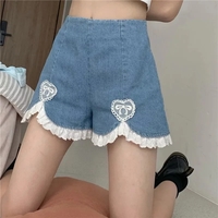 Cute Sweet Heart Lace Cut Out Denim Blue Shorts High Waist Bottoms Vintage Aesthetic Casual Summer E-Girl Kawaii Korean Japanese Harajuku - Thumbnail 3