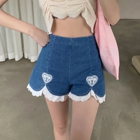 Cute Sweet Heart Lace Cut Out Denim Blue Shorts High Waist Bottoms Vintage Aesthetic Casual Summer E-Girl Kawaii Korean Japanese Harajuku - Thumbnail 4