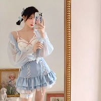 Cute Sexy Blue Lace Ribbon Bow High Waisted Mini Skirt Aesthetic Summer E-Girl Kawaii Korean Japanese Harajuku - Thumbnail 1