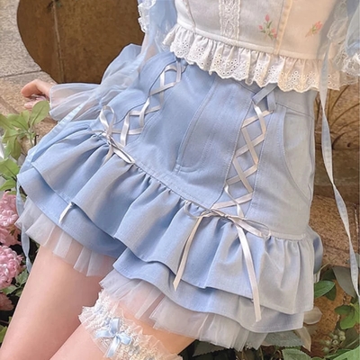 Cute Sexy Blue Lace Ribbon Bow High Waisted Mini Skirt Aesthetic Summer E-Girl Kawaii Korean Japanese Harajuku