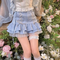 Cute Sexy Blue Lace Ribbon Bow High Waisted Mini Skirt Aesthetic Summer E-Girl Kawaii Korean Japanese Harajuku - Thumbnail 2
