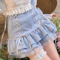 Cute Sexy Blue Lace Ribbon Bow High Waisted Mini Skirt Aesthetic Summer E-Girl Kawaii Korean Japanese Harajuku - Thumbnail 4