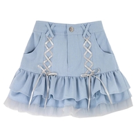 Cute Sexy Blue Lace Ribbon Bow High Waisted Mini Skirt Aesthetic Summer E-Girl Kawaii Korean Japanese Harajuku - Thumbnail 5