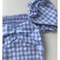 Cute Sexy Blue Plaid Print Bow Ribbon Collar Puff Short Sleeve Shirt Blouse Aesthetic Casual Summer E-Girl Kawaii Korean Japanese Harajuku - Thumbnail 7