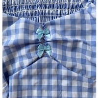 Cute Sexy Blue Plaid Print Bow Ribbon Collar Puff Short Sleeve Shirt Blouse Aesthetic Casual Summer E-Girl Kawaii Korean Japanese Harajuku - Thumbnail 9