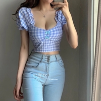 Cute Sexy Blue Plaid Print Bow Ribbon Collar Puff Short Sleeve Shirt Blouse Aesthetic Casual Summer E-Girl Kawaii Korean Japanese Harajuku - Thumbnail 2