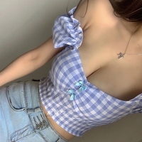 Cute Sexy Blue Plaid Print Bow Ribbon Collar Puff Short Sleeve Shirt Blouse Aesthetic Casual Summer E-Girl Kawaii Korean Japanese Harajuku - Thumbnail 1