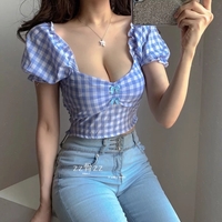 Cute Sexy Blue Plaid Print Bow Ribbon Collar Puff Short Sleeve Shirt Blouse Aesthetic Casual Summer E-Girl Kawaii Korean Japanese Harajuku - Thumbnail 4