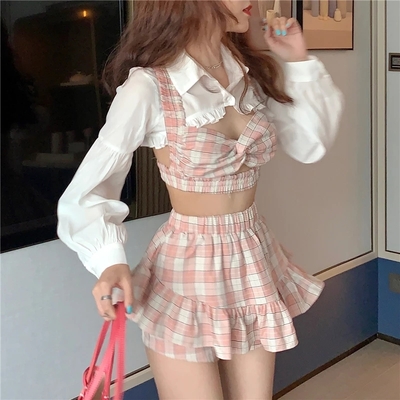 Cute 3 piece pink plaid gingham print set white blouse with crop top and high waist ruffles skirt summer e-girl kawaii korean japanese harajuku - Thumbnail 5
