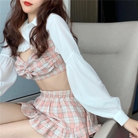 Cute 3 Piece Pink Plaid Gingham Print Set White Blouse With Crop Top And High Waist Ruffles Skirt Summer E-Girl Kawaii Korean Japanese Harajuku - Thumbnail 2