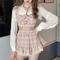 Cute 3 Piece Pink Plaid Gingham Print Set White Blouse With Crop Top And High Waist Ruffles Skirt Summer E-Girl Kawaii Korean Japanese Harajuku - Thumbnail 4