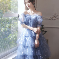 Blue tulle short A line prom dress homecoming dress - Thumbnail 3