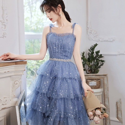Blue tulle off shoulder prom dress homecoming dress - Thumbnail 4