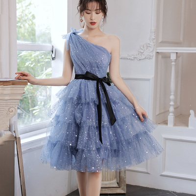 Blue tulle short prom dress one shoulder evening dress - Thumbnail 2