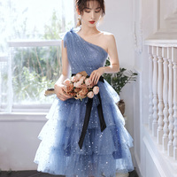 Blue tulle short prom dress one shoulder evening dress - Thumbnail 1