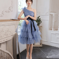 Blue tulle short prom dress one shoulder evening dress - Thumbnail 2