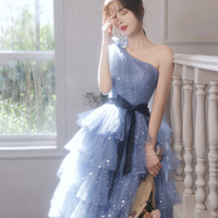 Blue tulle short prom dress one shoulder evening dress - Thumbnail 3