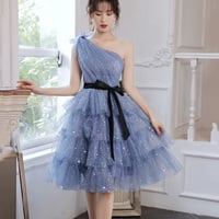 Blue tulle short prom dress one shoulder evening dress - Thumbnail 6