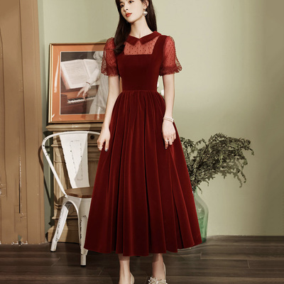 Burgundy velvet short prom dress homecoming dress - Thumbnail 2