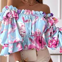 One-Line Collar Sexy Fashion Long Sleeve Shirt - Thumbnail 2