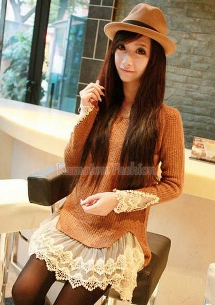 1012 Vintage Lace Hem Sweater Stitching off Two Knitting Wool 