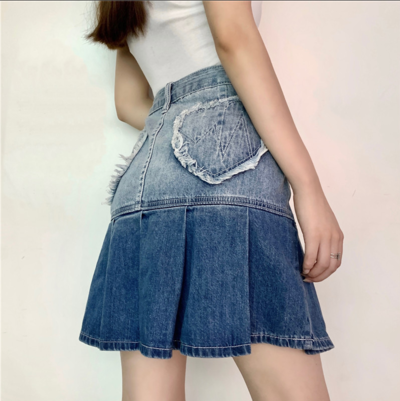 Summer American Retro Love Heart Girl High Waist Denim Pleated Skirt