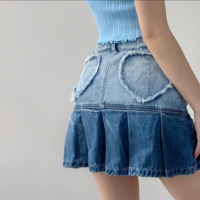 Summer American Retro Love Heart Girl High Waist Denim Pleated Skirt - Thumbnail 3