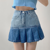 Summer American Retro Love Heart Girl High Waist Denim Pleated Skirt - Thumbnail 4