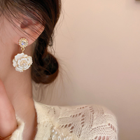 White Black Rose Camellia Flower Pearl Gem Diamond Classic Fairy Tales Princess Jewelry Earrings - Thumbnail 1