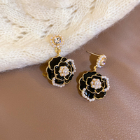 White Black Rose Camellia Flower Pearl Gem Diamond Classic Fairy Tales Princess Jewelry Earrings - Thumbnail 4
