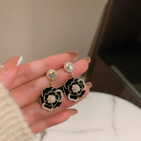 White Black Rose Camellia Flower Pearl Gem Diamond Classic Fairy Tales Princess Jewelry Earrings - Thumbnail 9