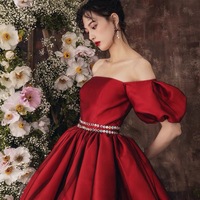 Burgundy satin short prom dress homecoming dress - Thumbnail 1