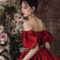 Burgundy satin short prom dress homecoming dress - Thumbnail 2