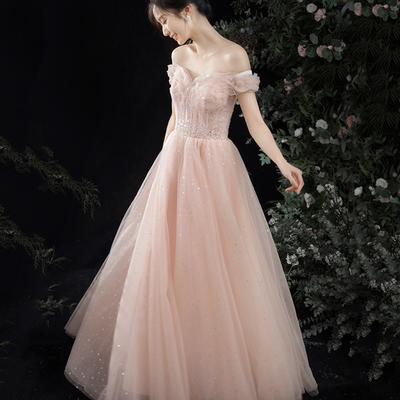 Pink tulle long a line prom dress pink evening dress - Thumbnail 4