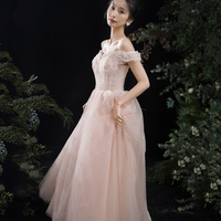 Pink tulle long A line prom dress pink evening dress - Thumbnail 2