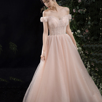 Pink tulle long A line prom dress pink evening dress - Thumbnail 3