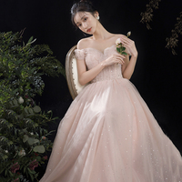 Pink tulle long A line prom dress pink evening dress - Thumbnail 5